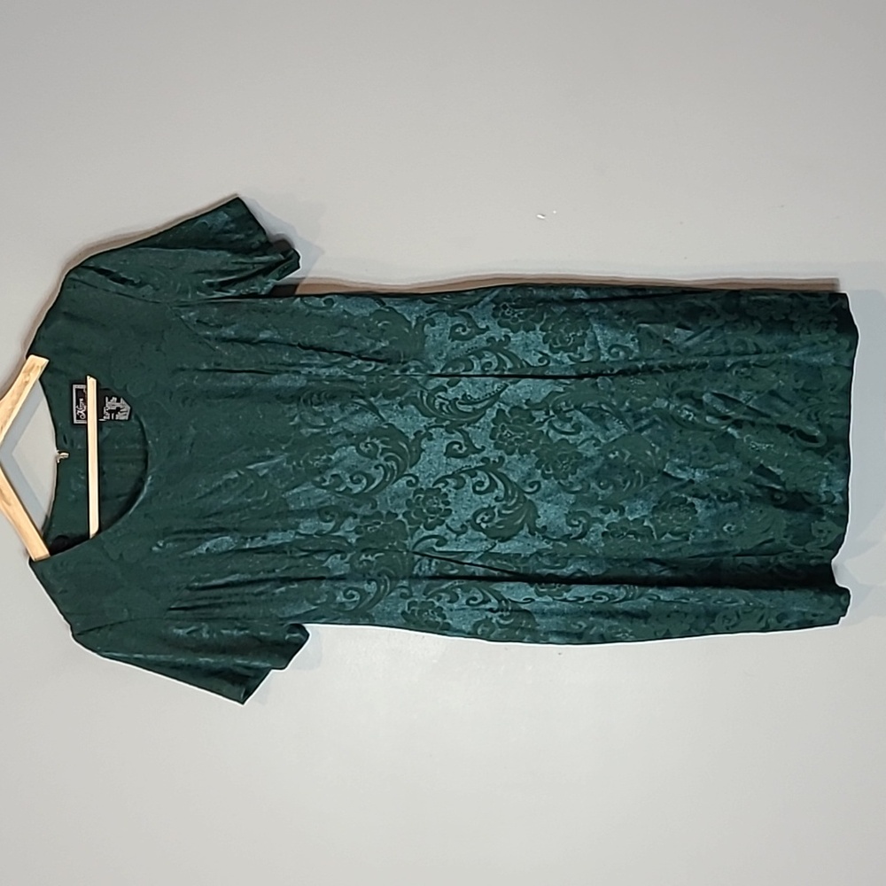 VINTAGE 1990s Emerald Green Satin Floral Dress Jewel Tone‎ Jaquard Size 10P
